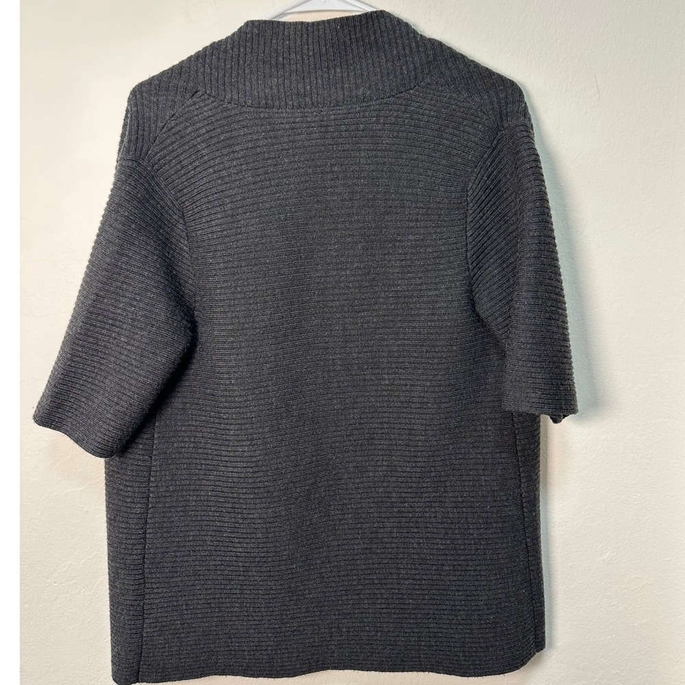 EILEEN FISHER Petite Charcoal Grey Ribbed Knit Short Sleeve Open Front Cardigan - Picture 6 of 9
